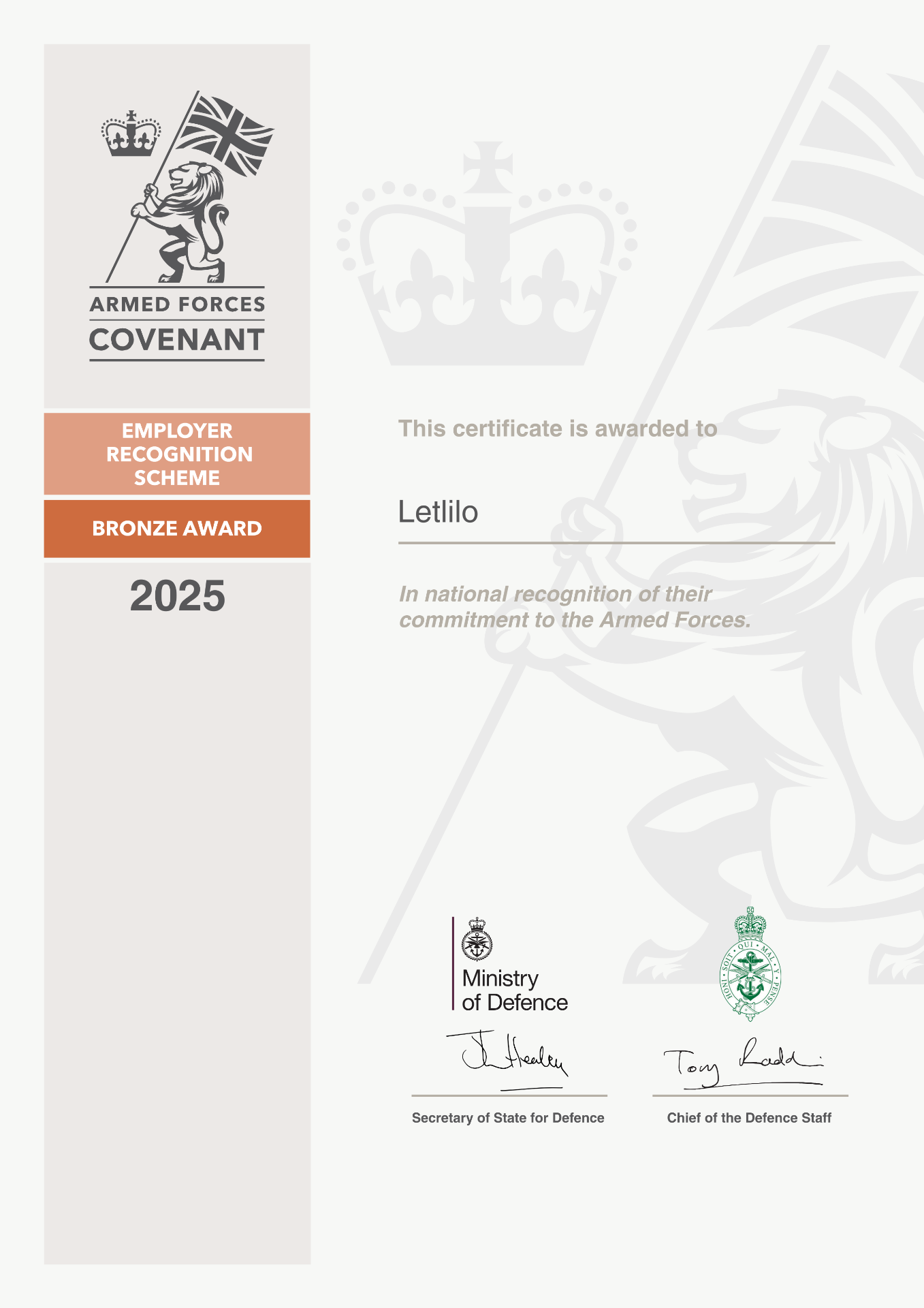Letlilo Limited Armed Forces Covenant Bronze Certificate